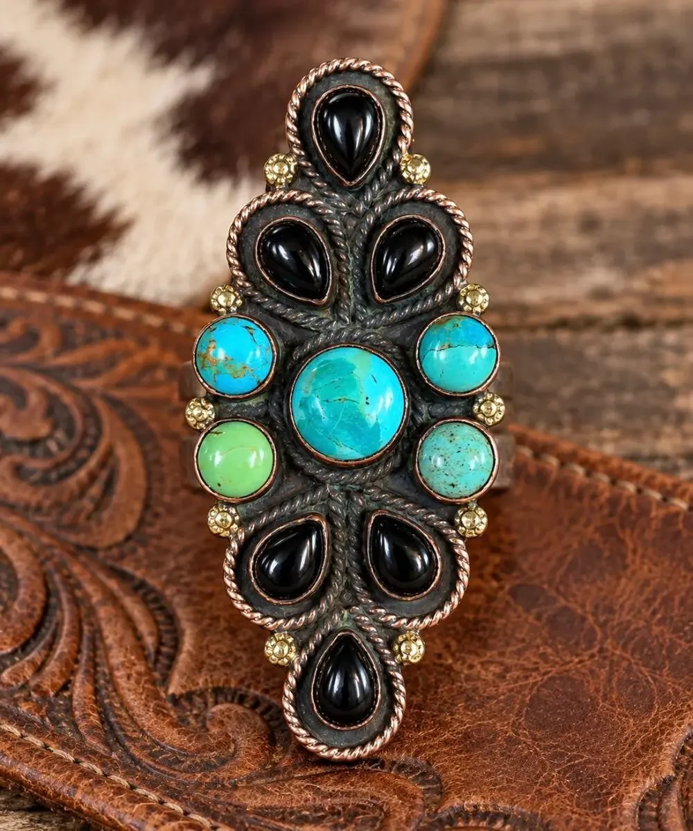 Turquoise & Black Onyx Multistone Copper Statement Ring adjustable 5-9